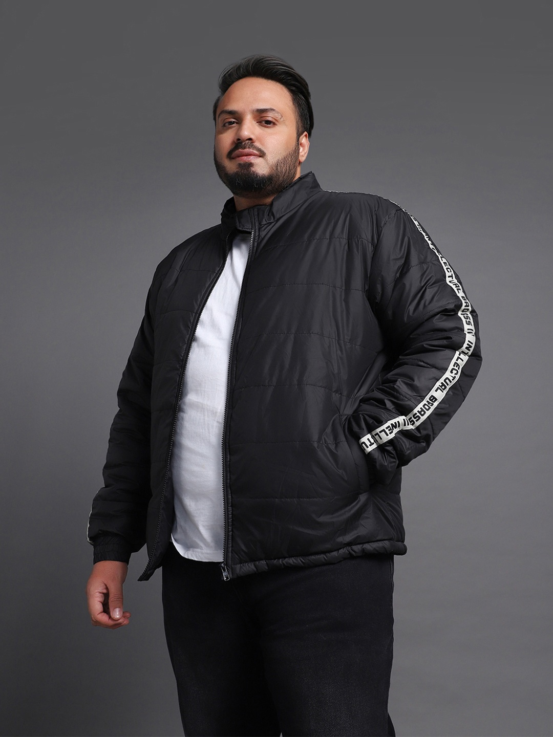 

Bewakoof Men Plus Size Typography Puffer Jacket, Black