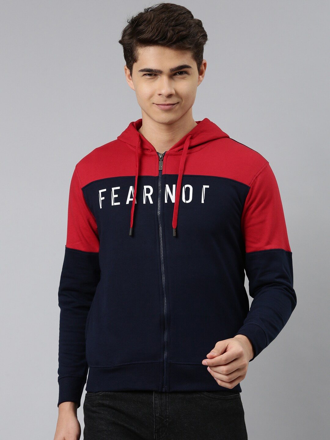 

DIXCY SCOTT Men Colourblocked Fleece Sporty Jacket, Navy blue