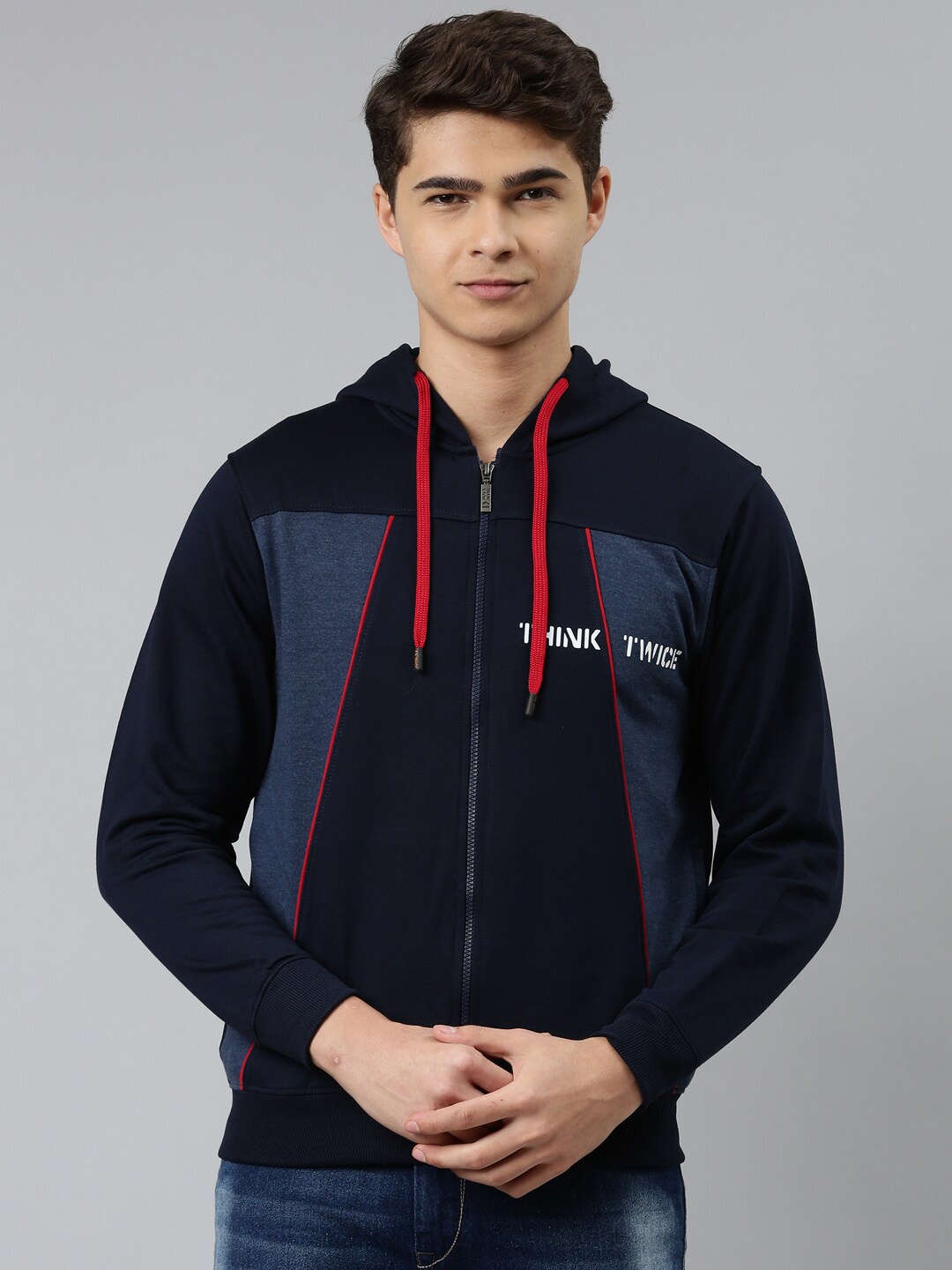 

DIXCY SCOTT Men Colourblocked Fleece Bomber Jacket, Navy blue