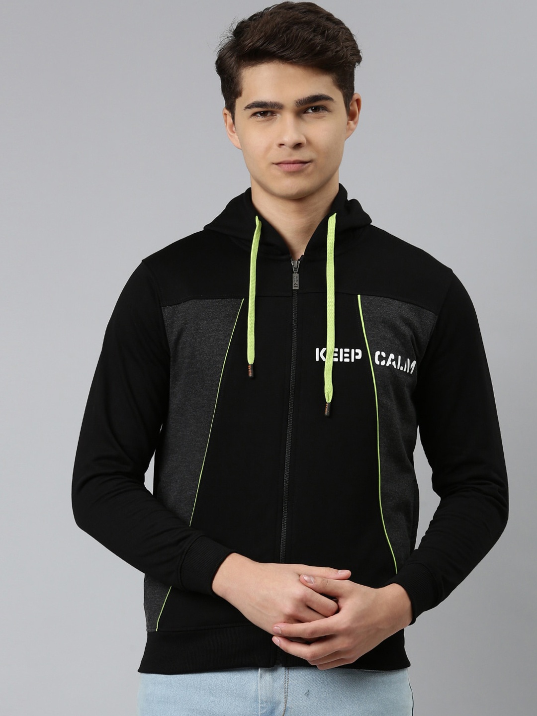 

DIXCY SCOTT Men Colourblocked Fleece Sporty Jacket, Black