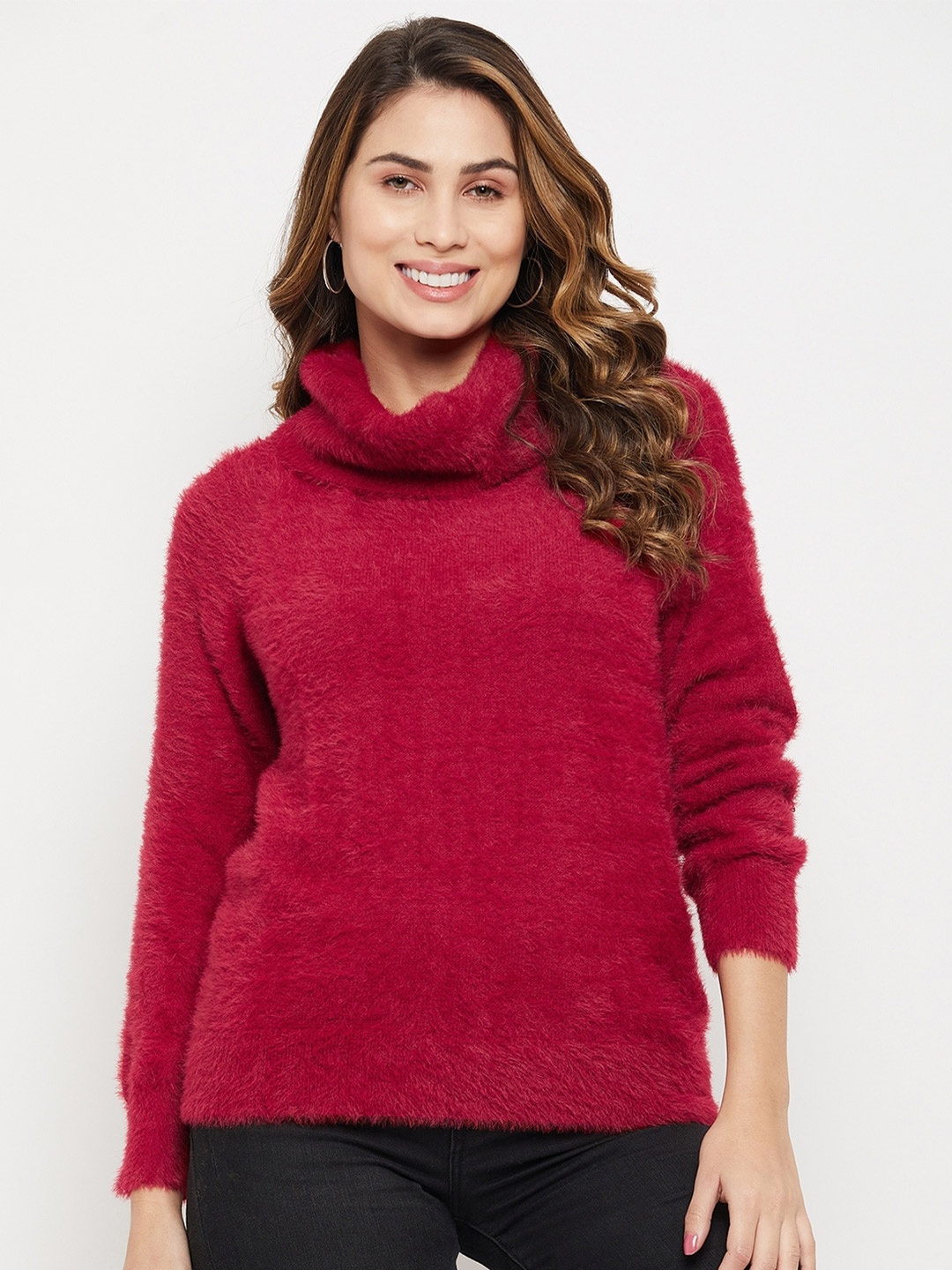 

Madame Women Acrylic Pullover With Fuzzy Detail, Red