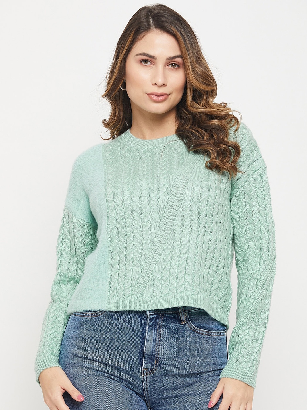 

Madame Women Cable Knit Acrylic Crop Pullover With Fuzzy Detail, Sea green