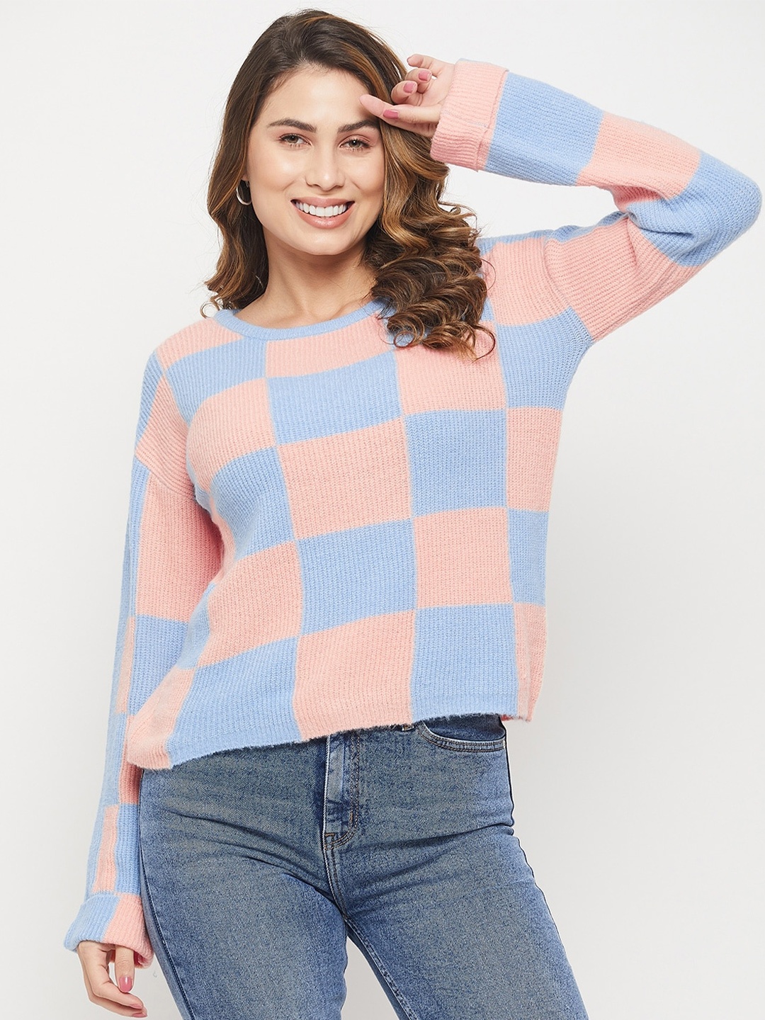 

Madame Women Checked Acrylic Pullover, Blue