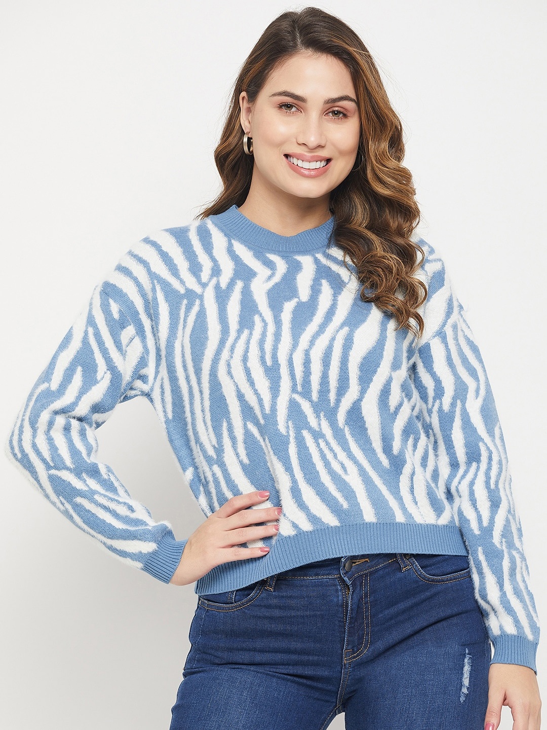 

Madame Women Animal Printed Acrylic Pullover With Fuzzy Detail, Blue