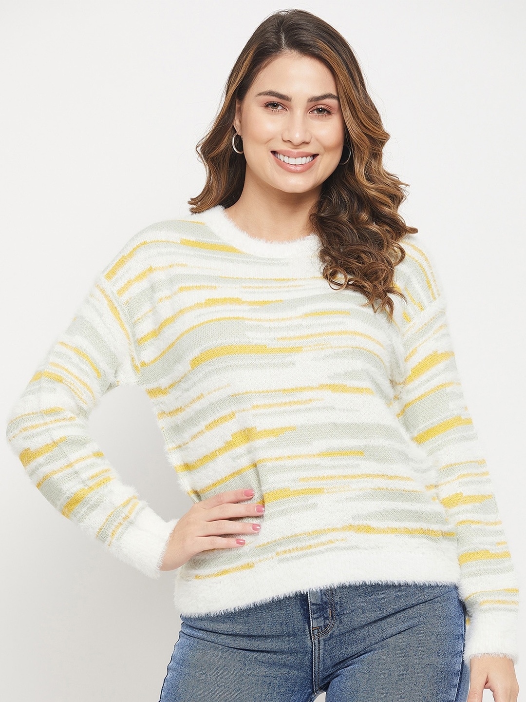 

Madame Women Striped Acrylic Pullover With Fuzzy Detail, Off white