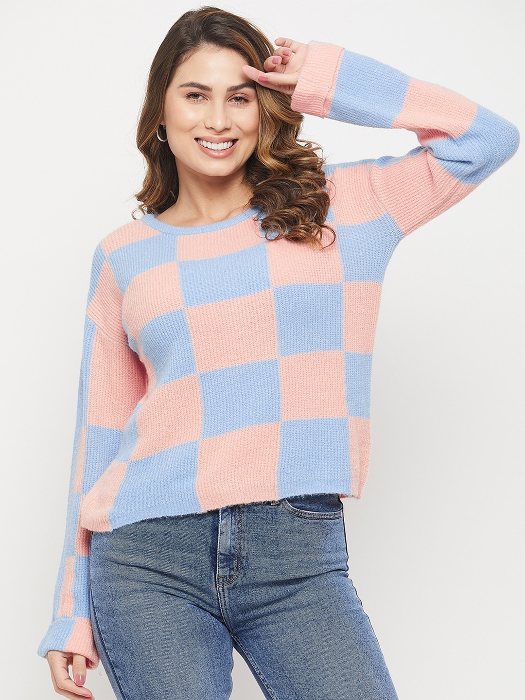 

Madame Women Checked Acrylic Pullover, Blue