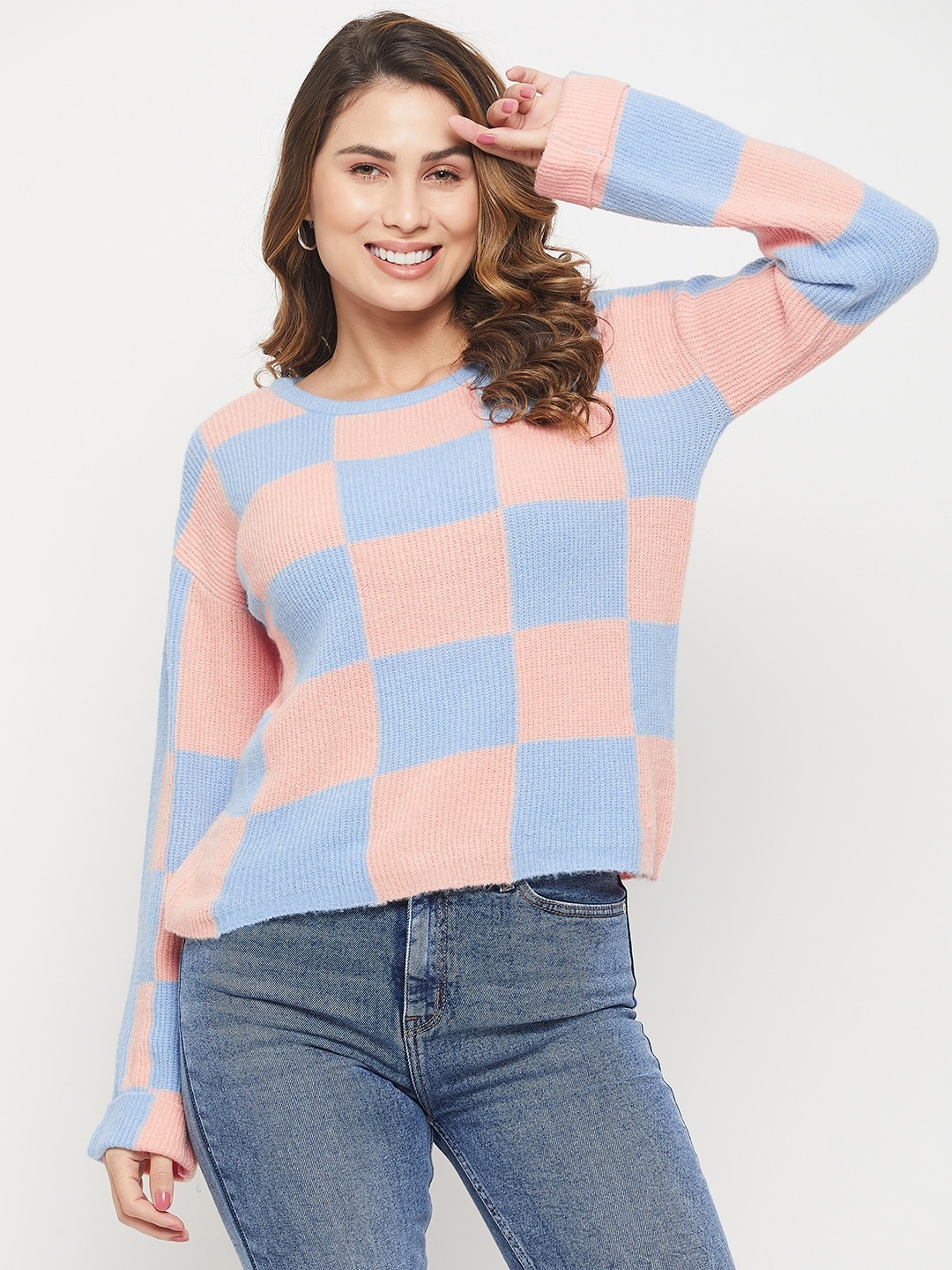 

Madame Women Acrylic Colourblocked Pullover, Blue