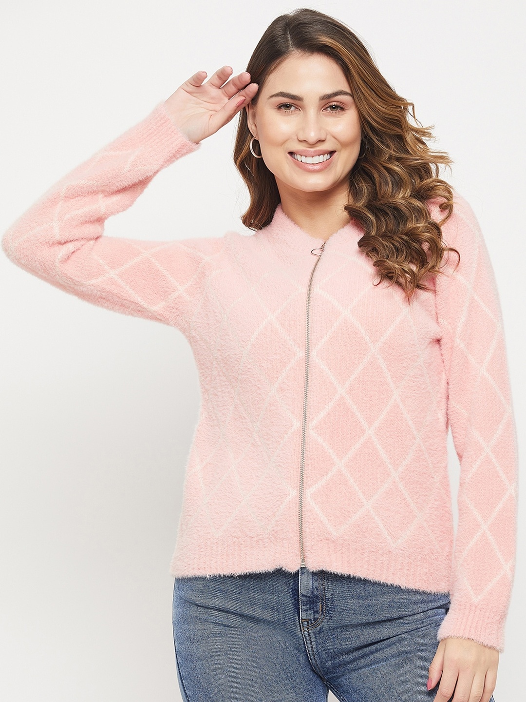

Madame Women Acrylic Checked Cardigan, Pink