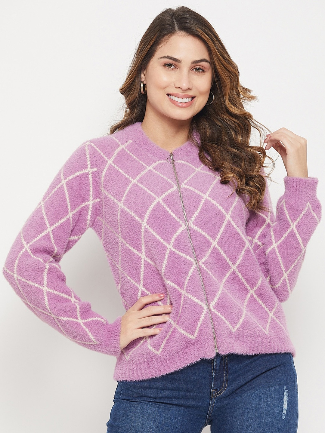 

Madame Women Acrylic Checked Cardigan, Purple