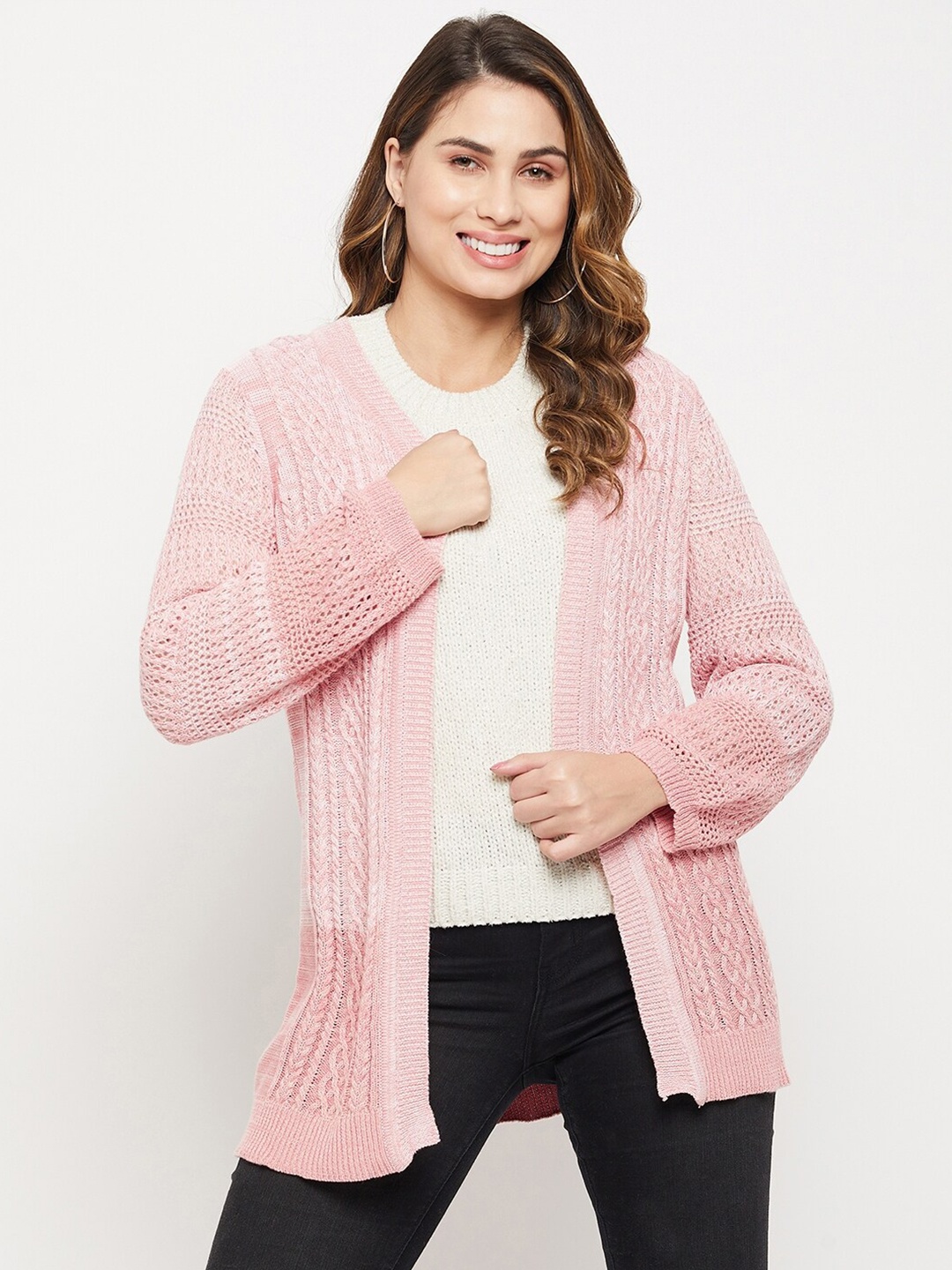 

Madame Women Acrylic Cable Knit Longline Cardigan, Peach
