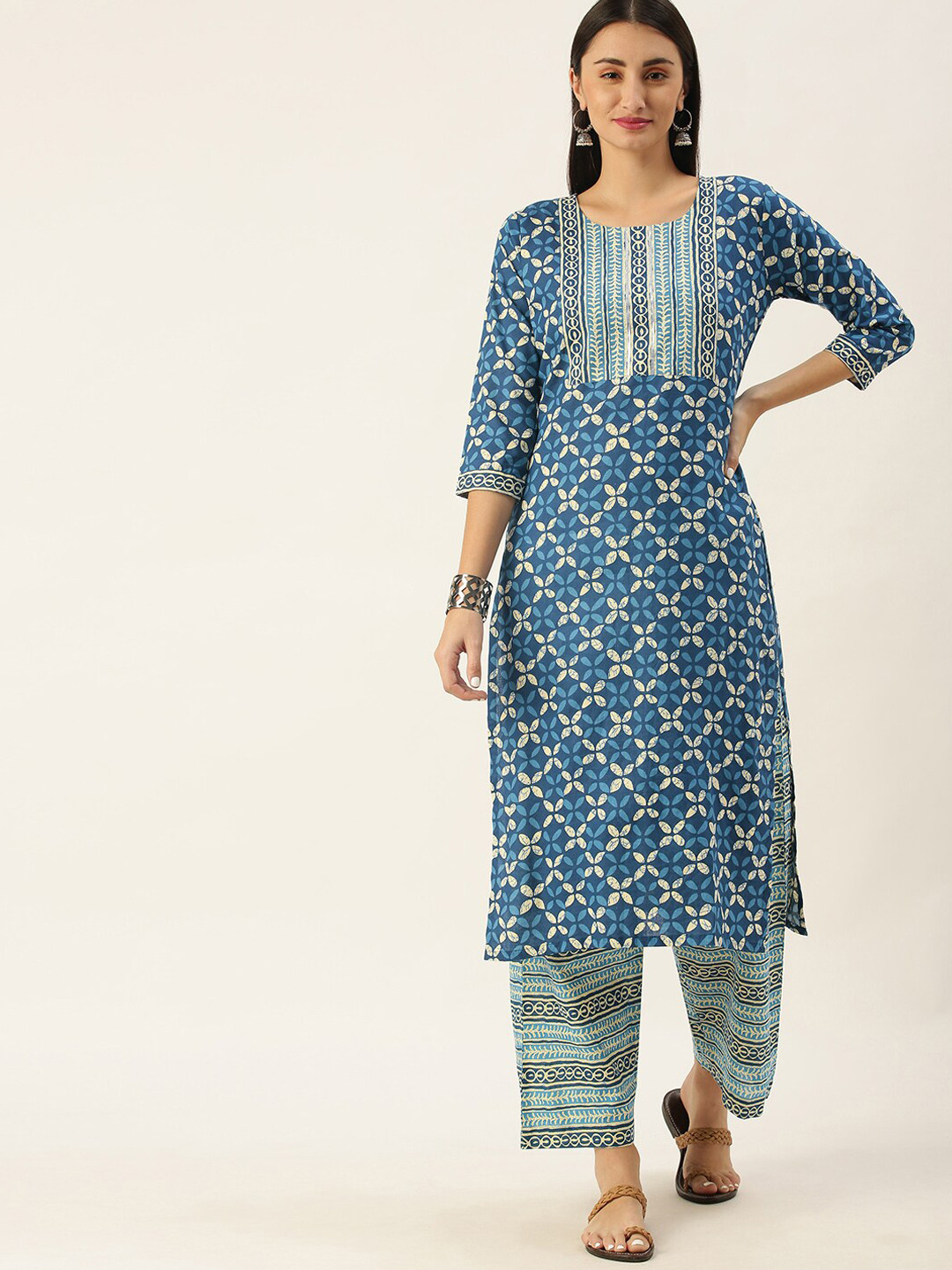 

KALINI Printed Round Neck Kurta with Trousers, Blue
