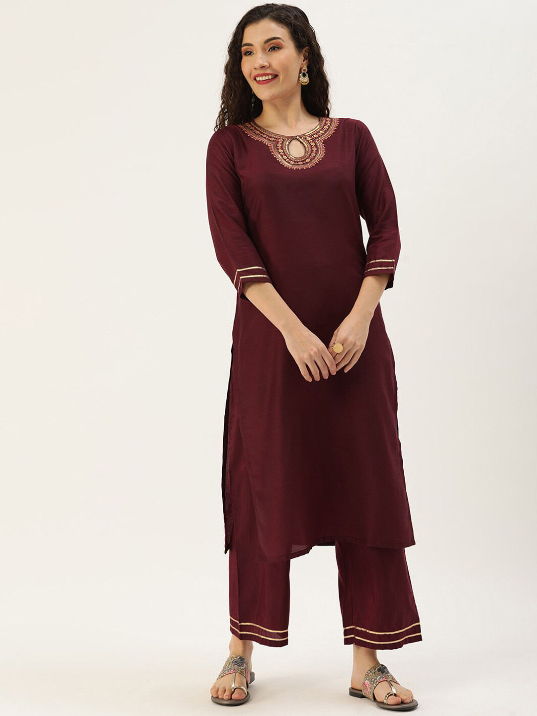 

KALINI Floral Yoke Design Round Neck Sequinned Kurta with Palazzos, Maroon
