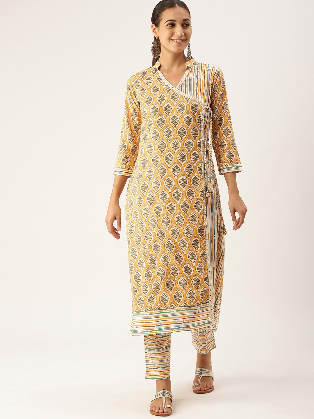 

KALINI Floral Printed Angrakha Mukaish Pure Cotton Kurta with Trousers, Mustard