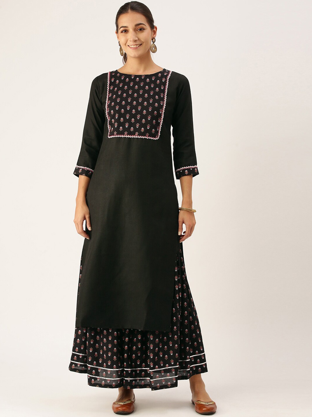 

KALINI Floral Printed Yoke Design Kurta with Sharara, Black