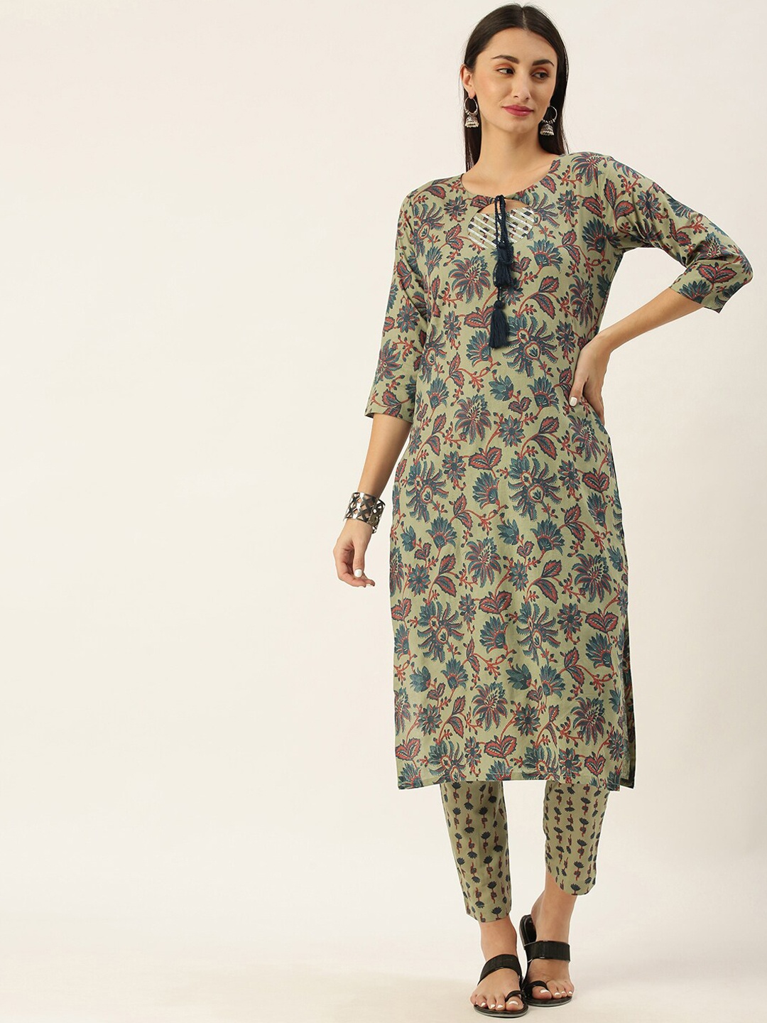 

KALINI Floral Printed Pure Cotton Kurta with Trousers, Green