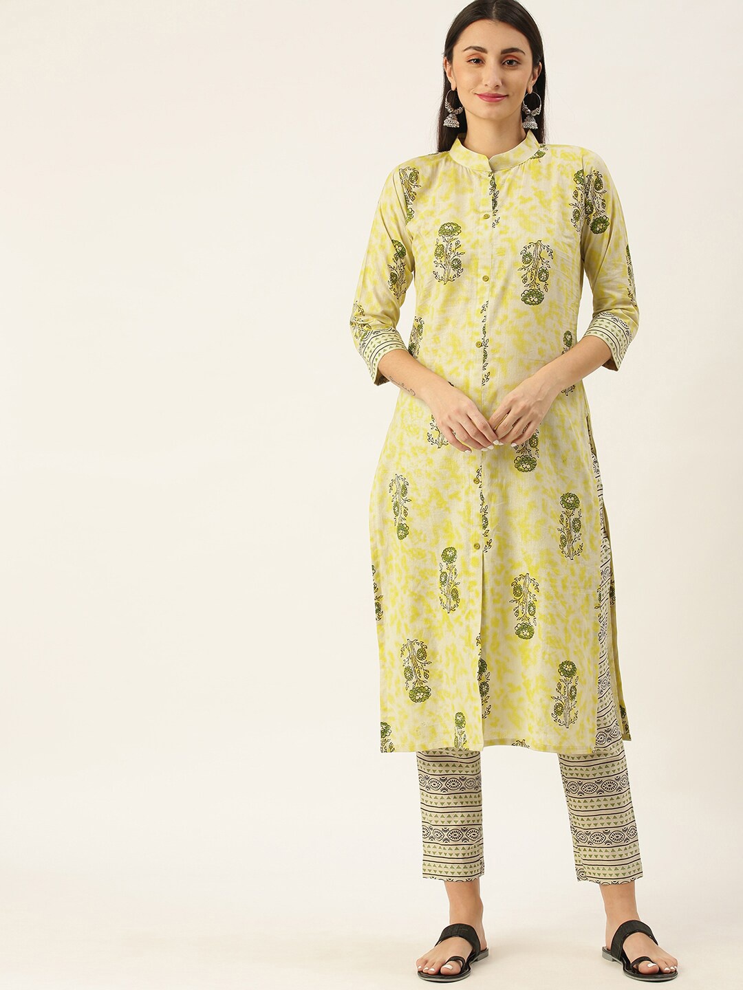 

KALINI Floral Printed Pure Cotton Kurta with Trousers, Yellow