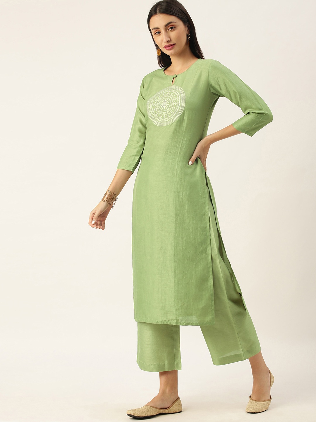 

KALINI Ethnic Motifs Yoke Design Thread Work Kurta with Palazzos, Green