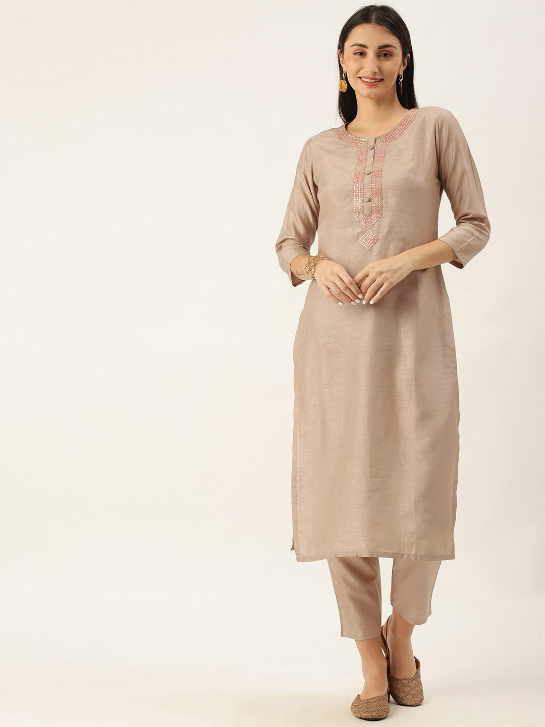 

KALINI Floral Yoke Design Sequinned Kurta with Trousers, Beige