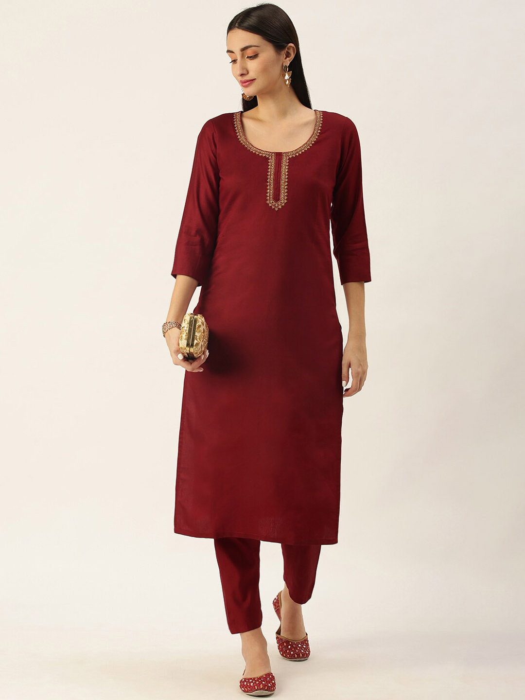 

KALINI Yoke Design Scoop Neck Thread Work Kurta with Trousers, Maroon