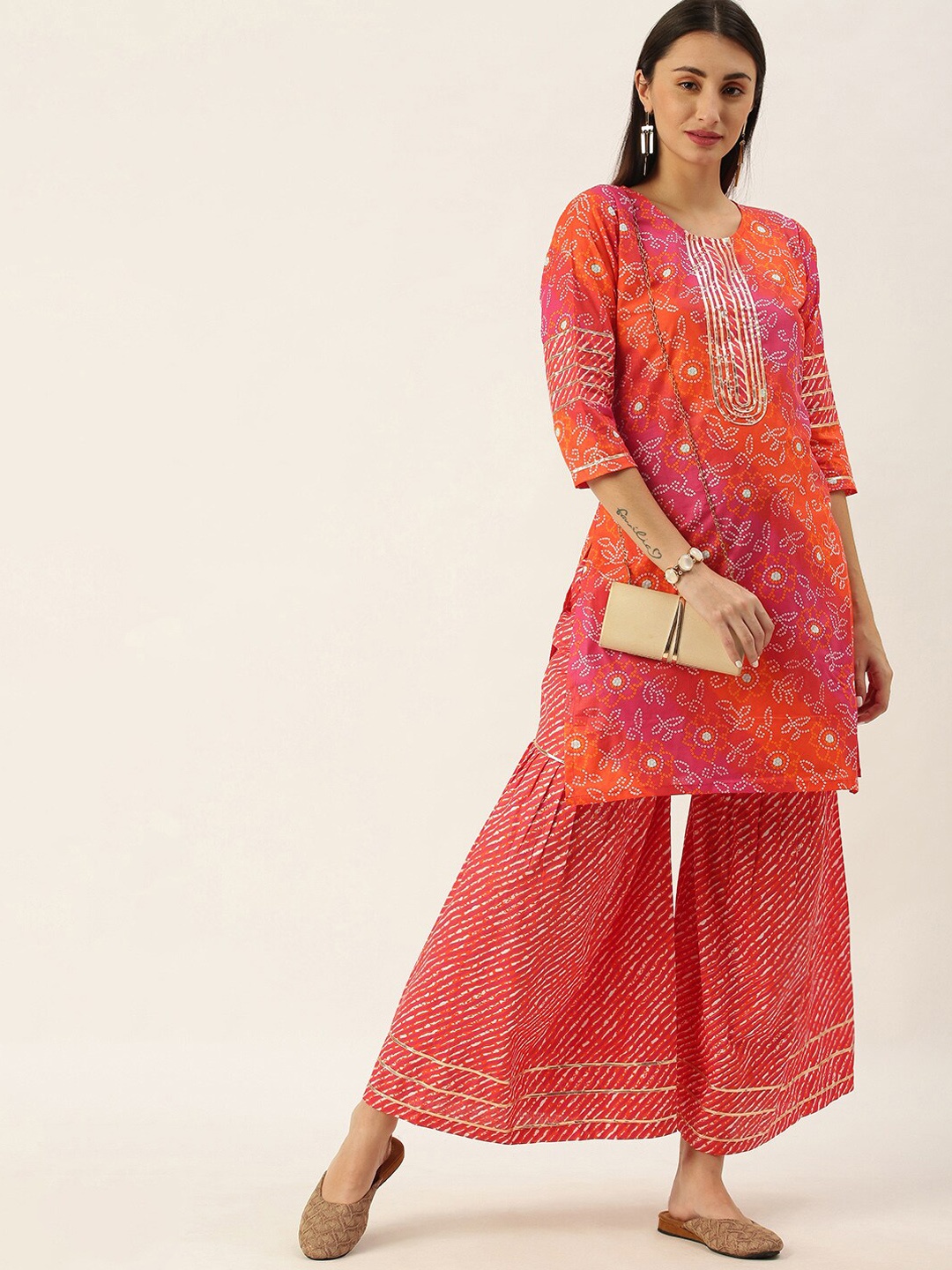 

KALINI Floral Printed Mukaish Pure Cotton Kurta with Sharara, Orange