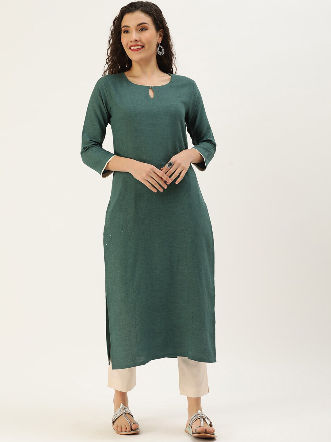 

KALINI Sequinned Key Hole Neck Kurta with Trousers, Blue