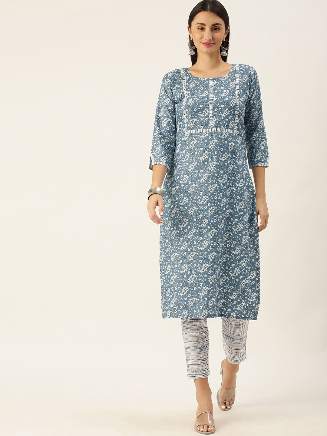 

KALINI Paisley Printed Pure Cotton Kurta with Trousers, Grey