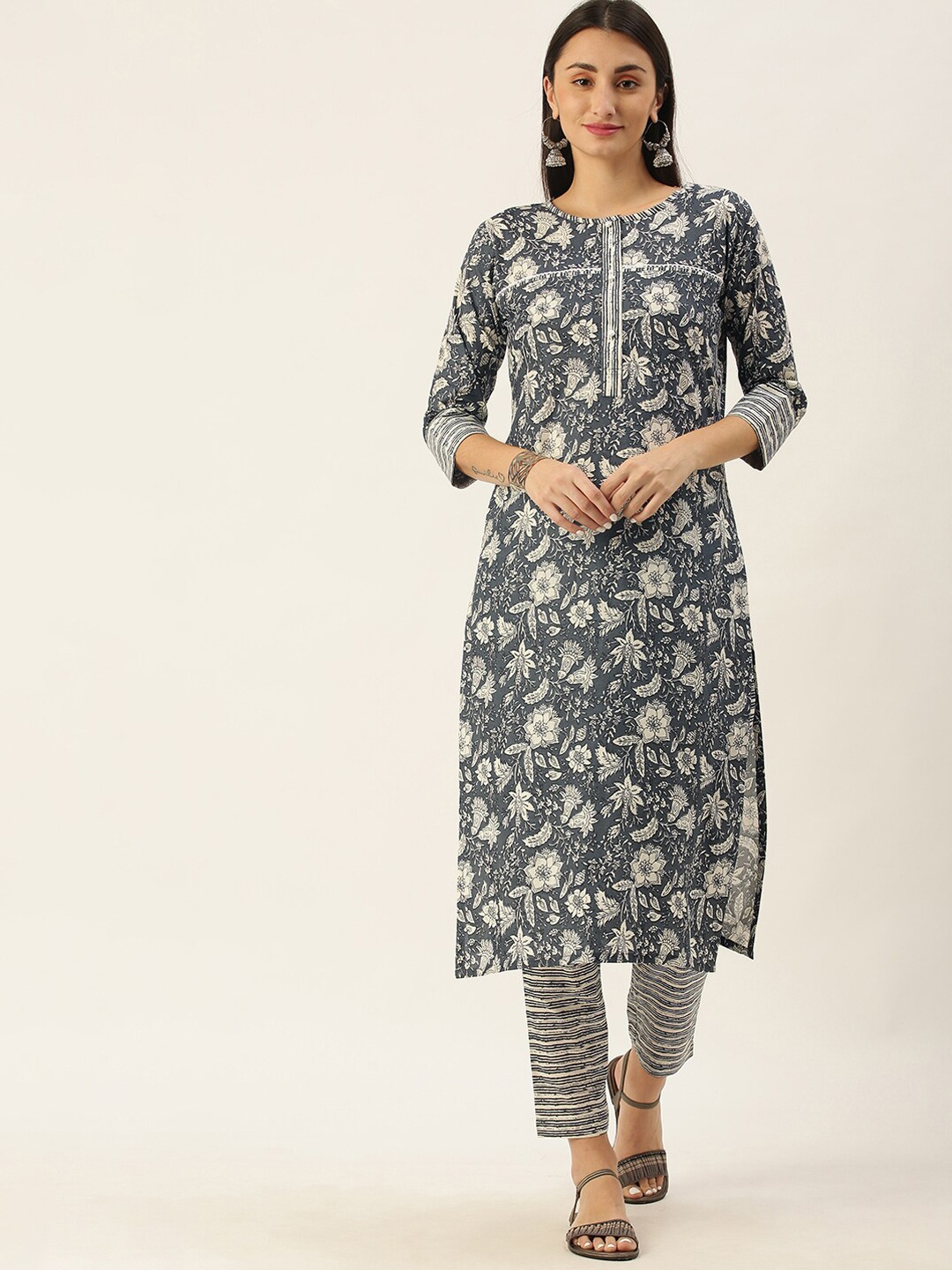 

KALINI Floral Printed Pure Cotton Kurta with Trousers, Grey