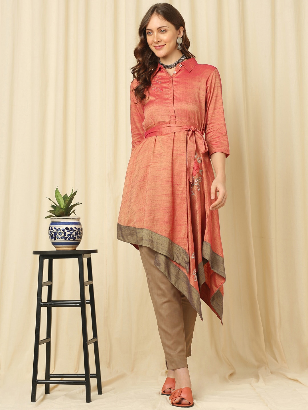 

Indifusion Shirt collar Tie Up A-Line Dress, Pink