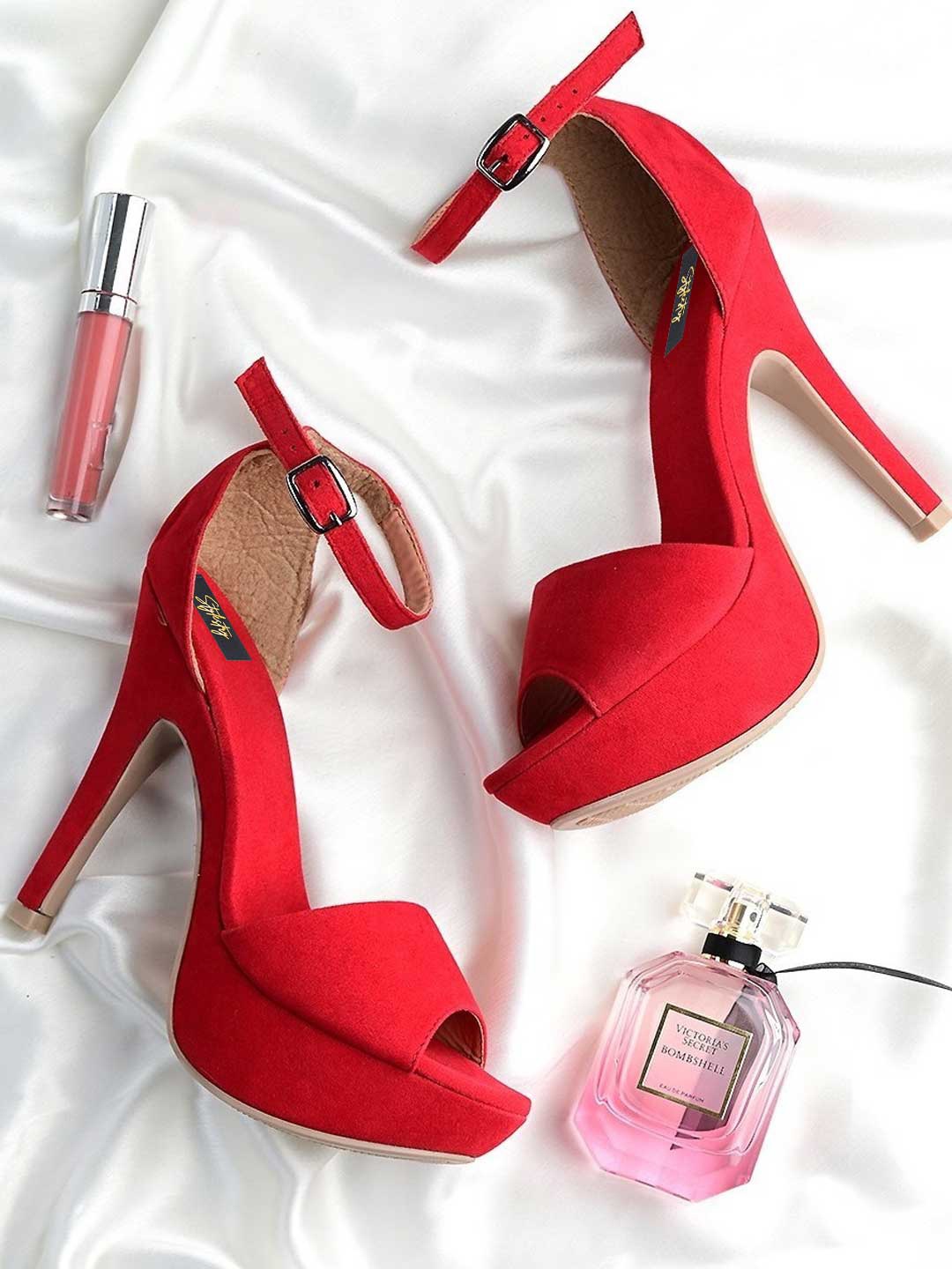 

Stylestry Peep Toes Suede Stiletto Heels, Red