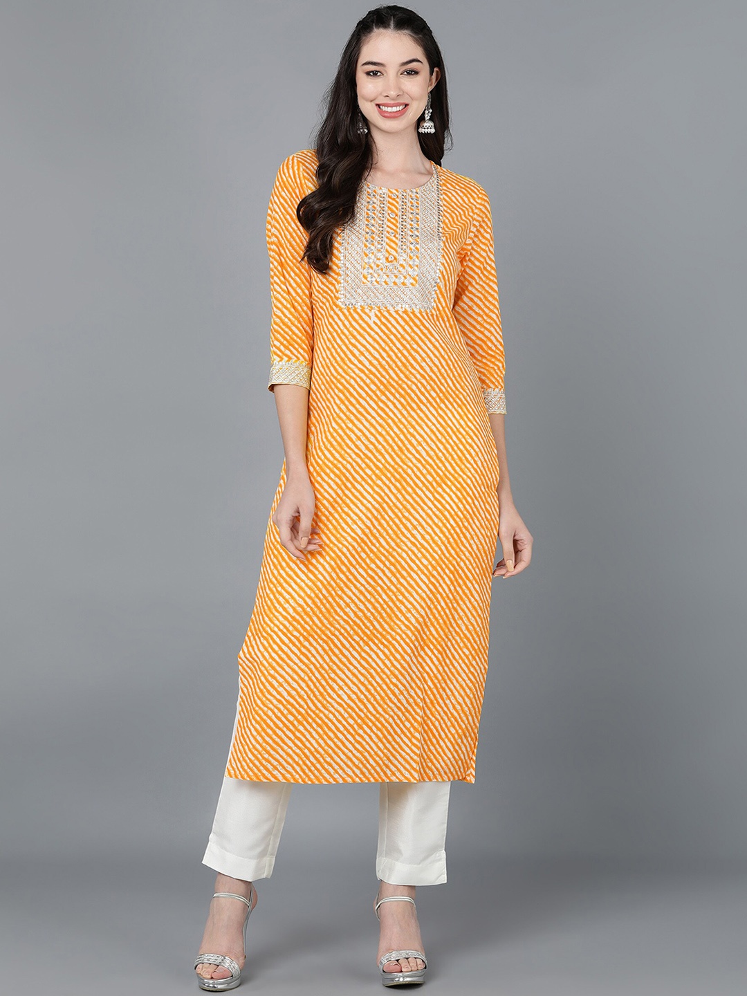 

kipek Striped Printed Thread Work Cotton Kurta, Orange
