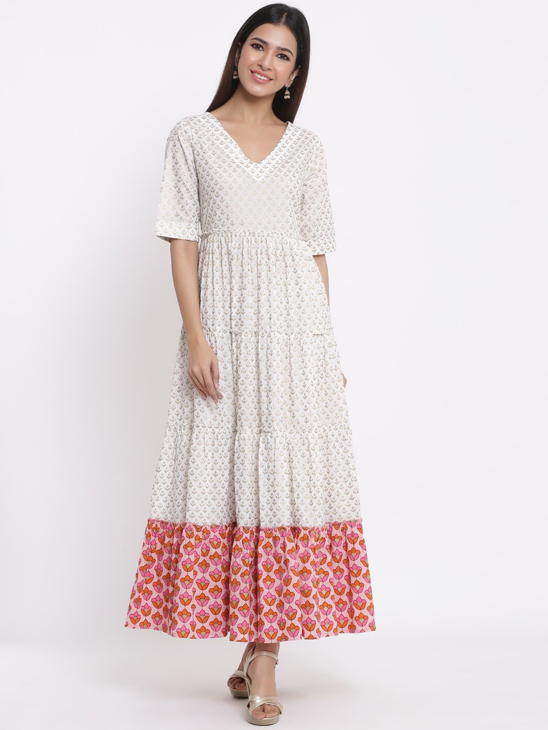 

kipek Women V-Neck Ethnic Motifs Printed Anarkali Cotton Kurta, White