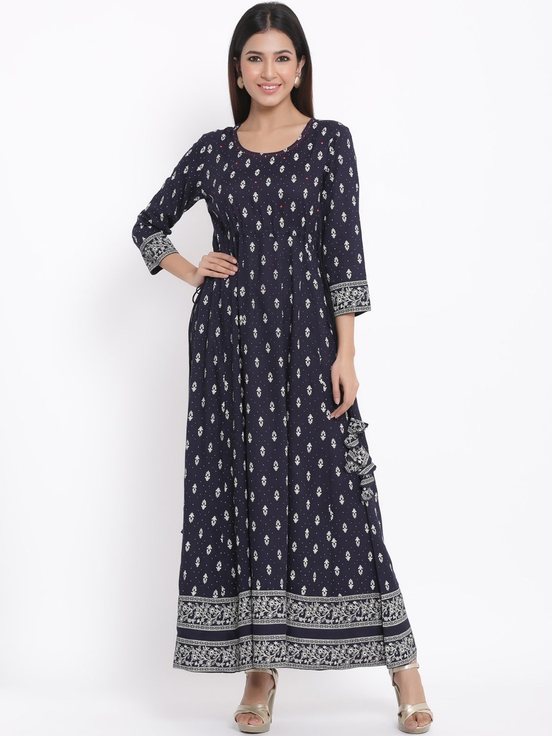 

kipek Floral Printed Long Sleeves A-Line Kurta, Navy blue