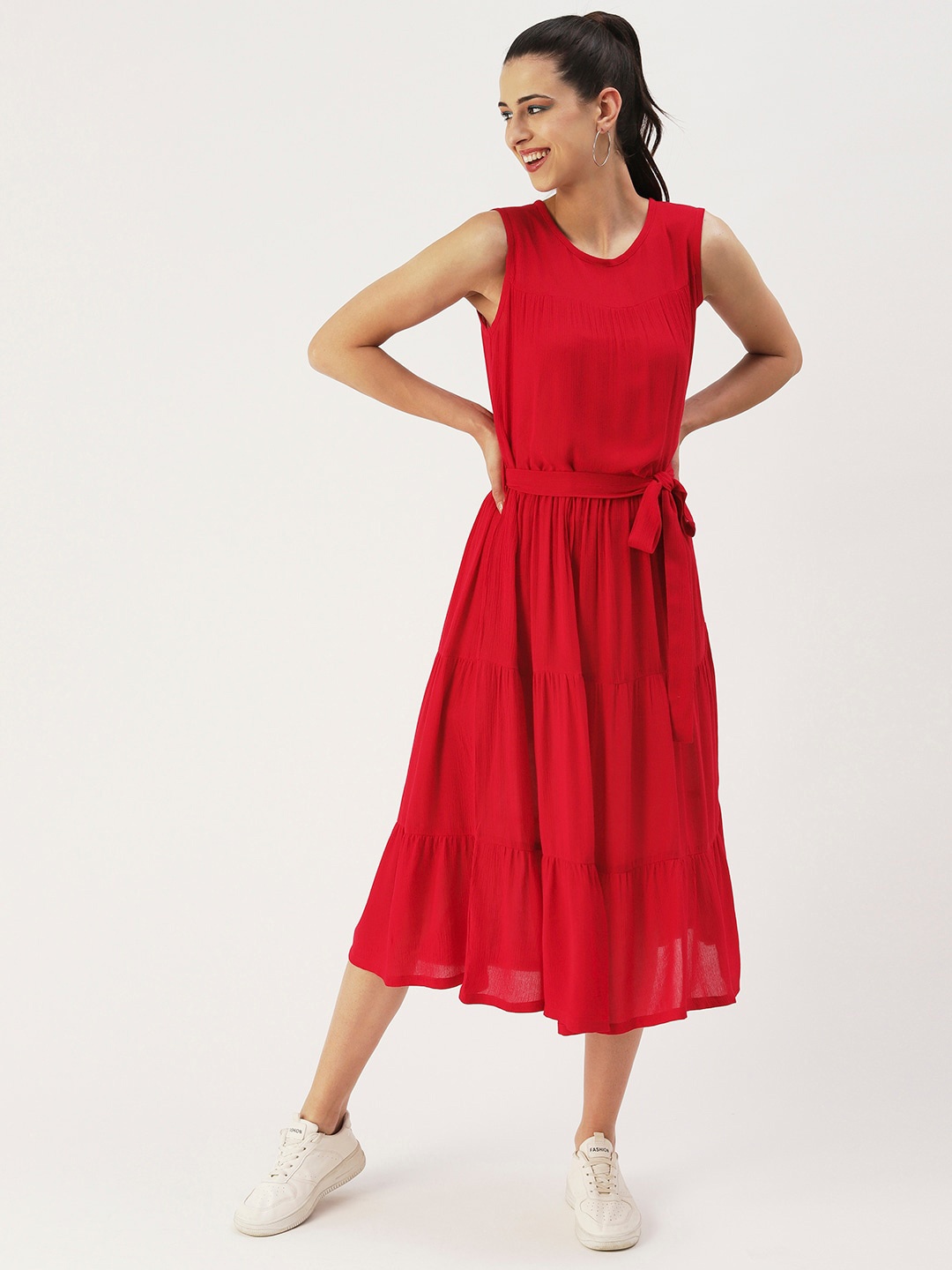 

DressBerry Solid Crepe Midi Dress, Red