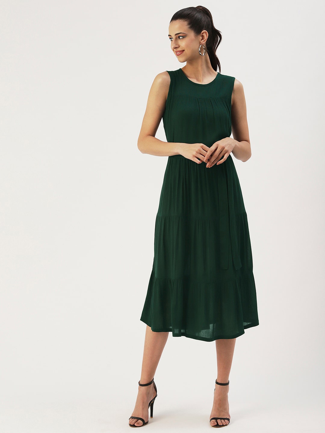 

DressBerry Solid Crepe A-Line Midi Dress, Green