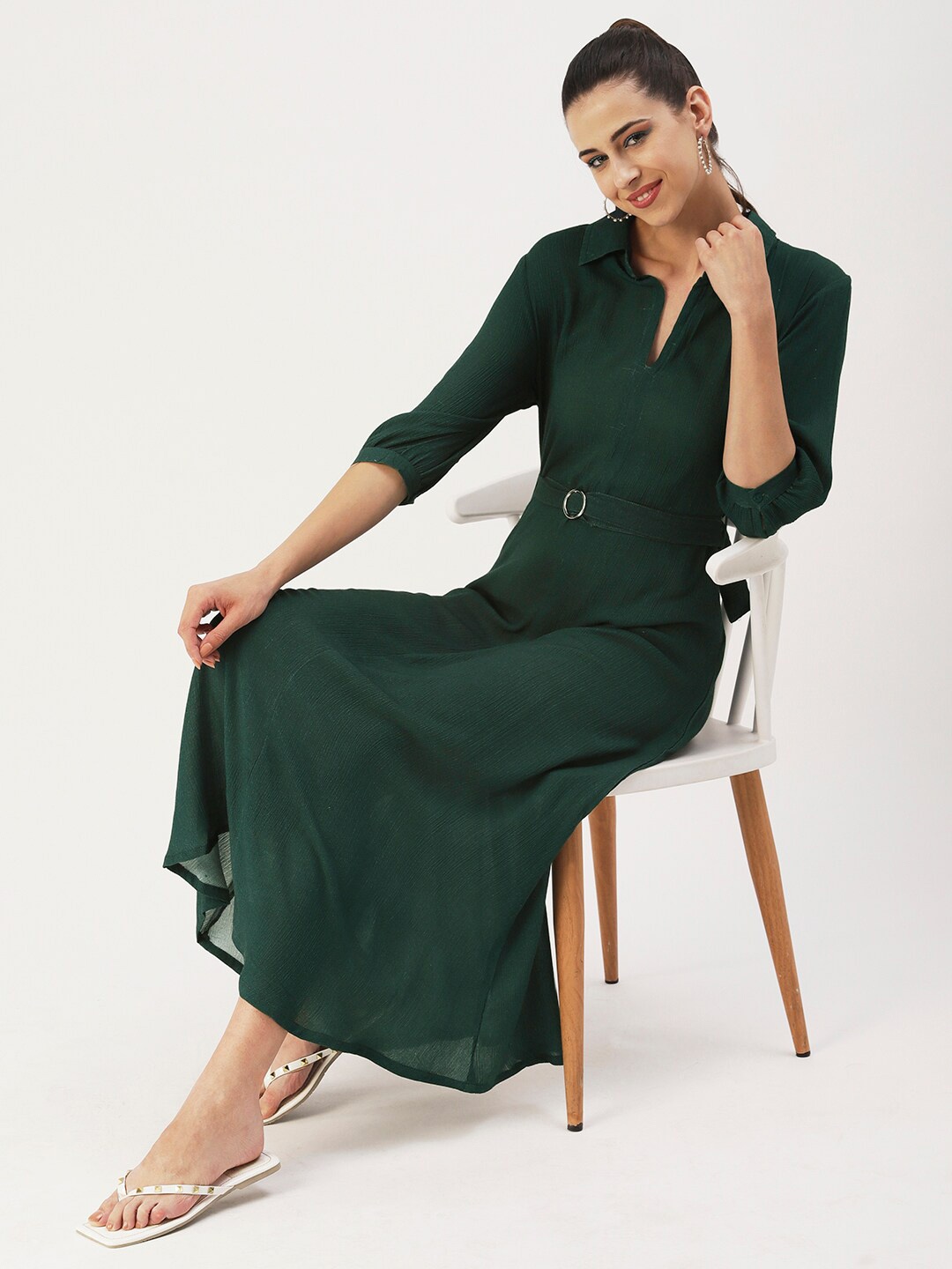 

DressBerry Solid Crepe Shirt Midi Dress, Green