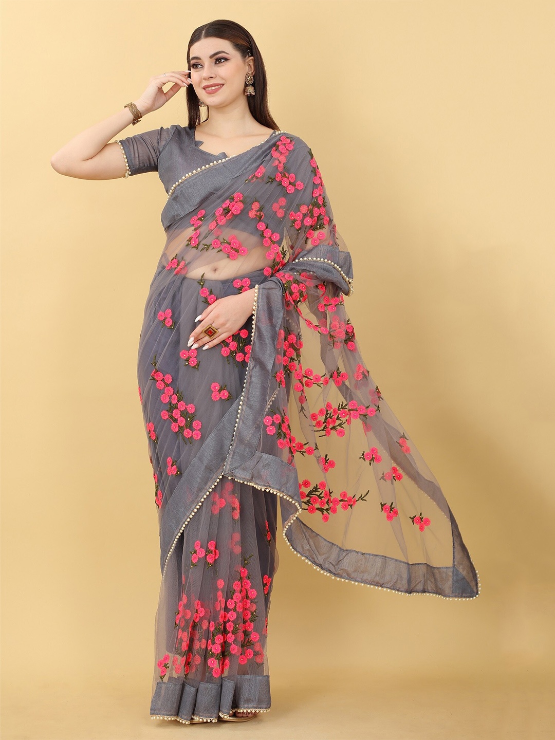 

JSItaliya Floral Embroidered Net Saree, Grey