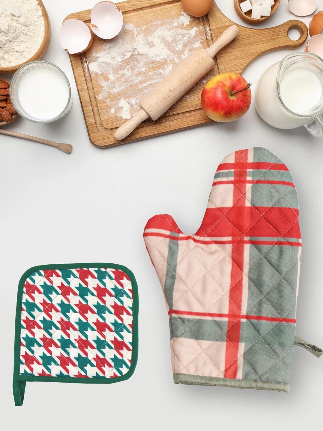 

ZEBA Green & Red Checked Cotton Oven Mitten Kitchen Gloves With Pot Holder