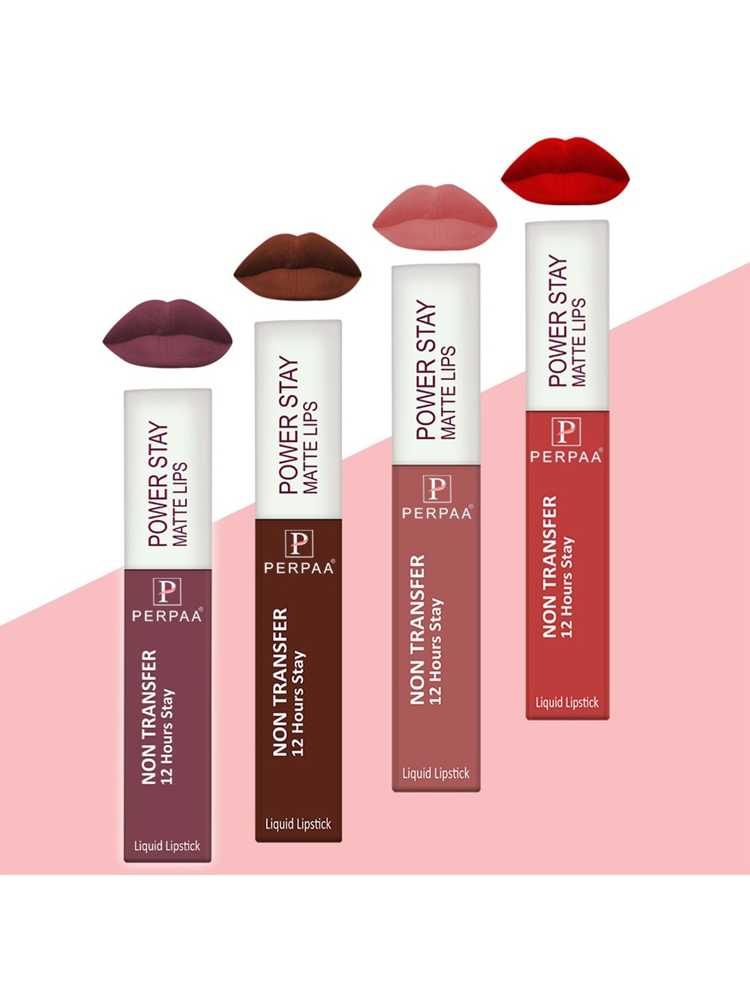 

PERPAA Set of 4 Power Stay Non-Transfer & Long-Lasting Velvet Matte Liquid Lipstick 5 g-Brown 16 - Mauve 23 - Nude 21 - Bright Red 01, Multi