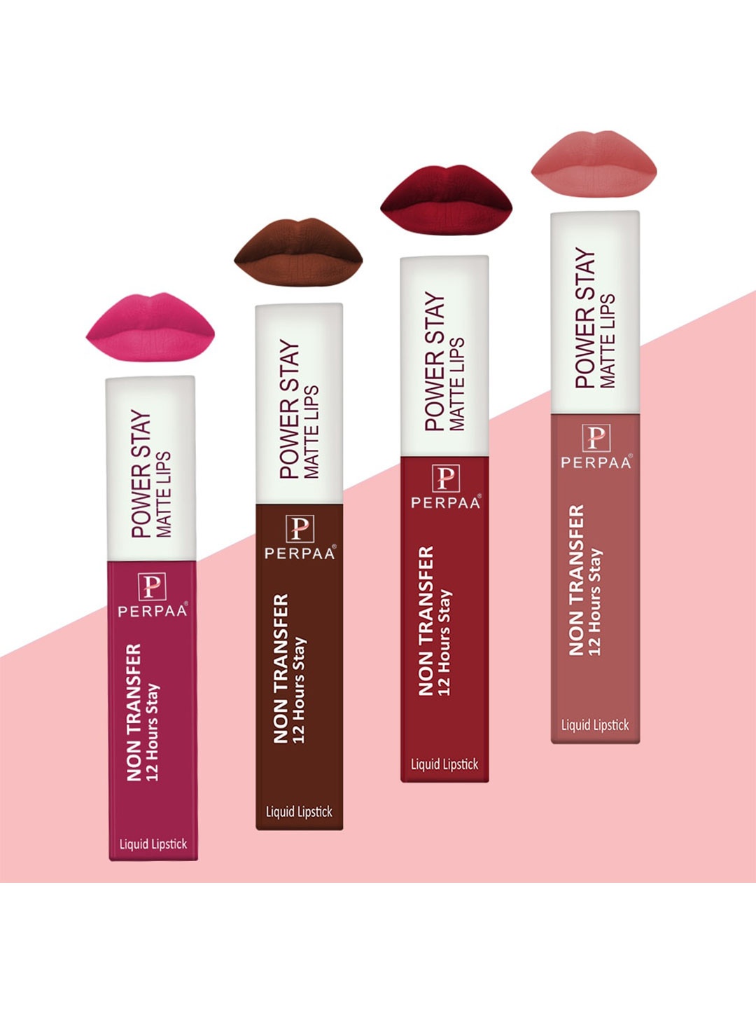 

PERPAA Set of 4 Power Stay Non-Transfer & Long-Lasting Velvet Matte Liquid Lipstick 5 g-Pink 10 - Brown 16 - Nude 21 - Red 22