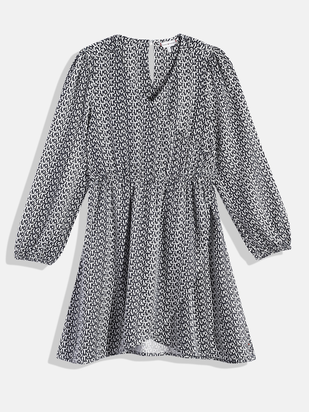 

Tommy Hilfiger Girls Brand Logo Print V-Neck Bishop Sleeves Nautical Wrap Dress, White
