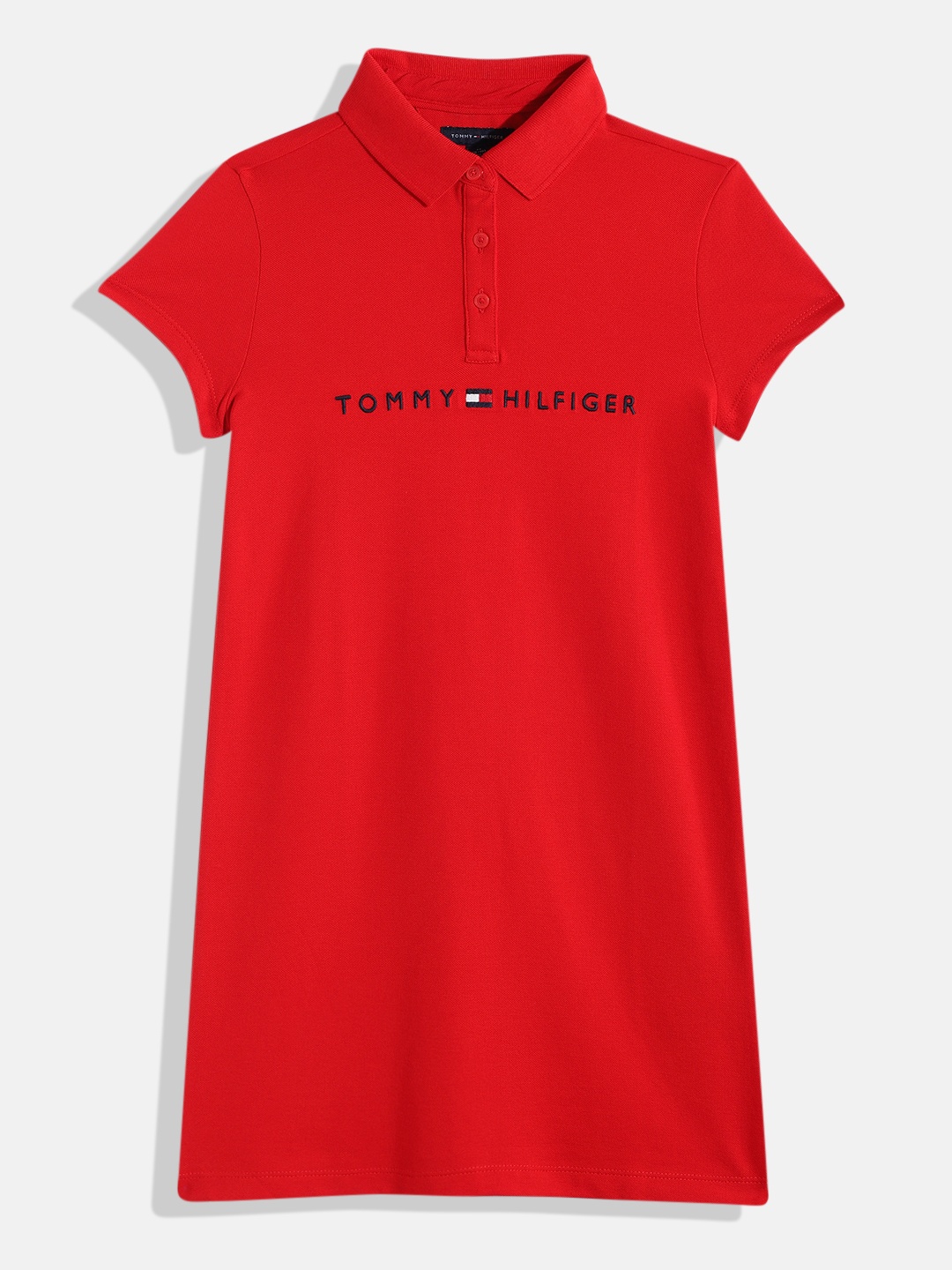 

Tommy Hilfiger Girls Red Brand Logo Embroidered Polo Collar Knitted T-shirt Dress