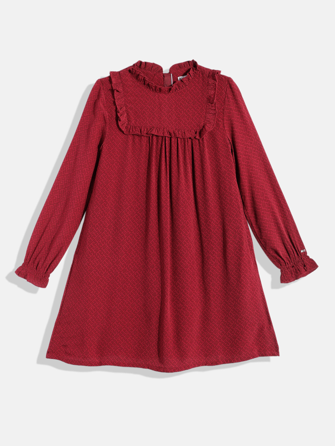 

Tommy Hilfiger Girls Brand Logo Print Bell Sleeves Pleated Ruffles A-Line Dress, Maroon