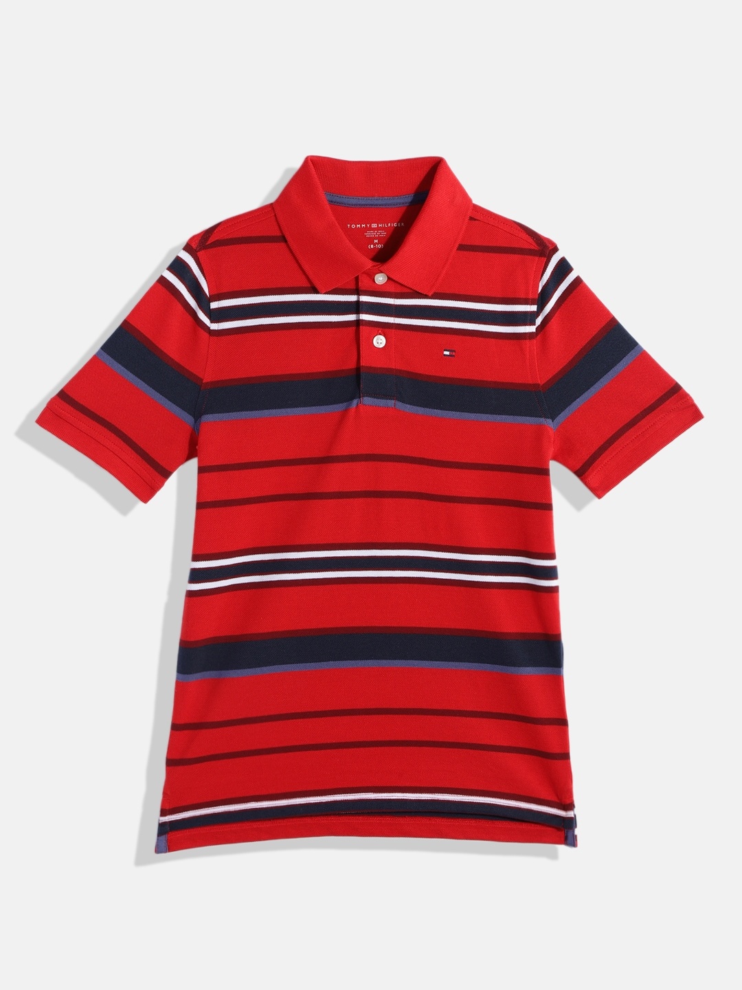 

Tommy Hilfiger Boys Striped Pure Cotton Polo Collar T-shirt, Red