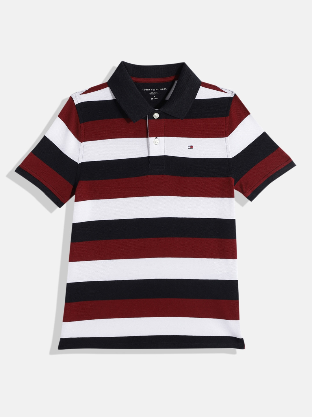 

Tommy Hilfiger Boys Multi Or Variegated Block Stripes Polo Collar Pure Cotton T-shirt, Maroon