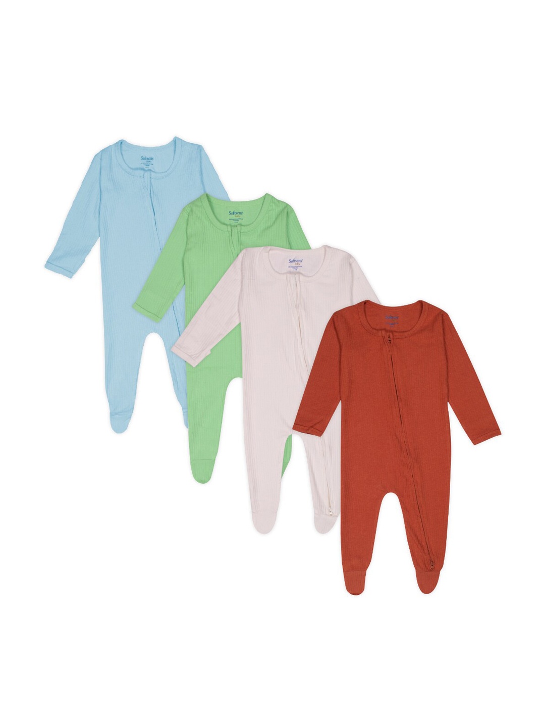 

Softsens Infants Set Of 4 Ribbed Zipper Romper, Lime green