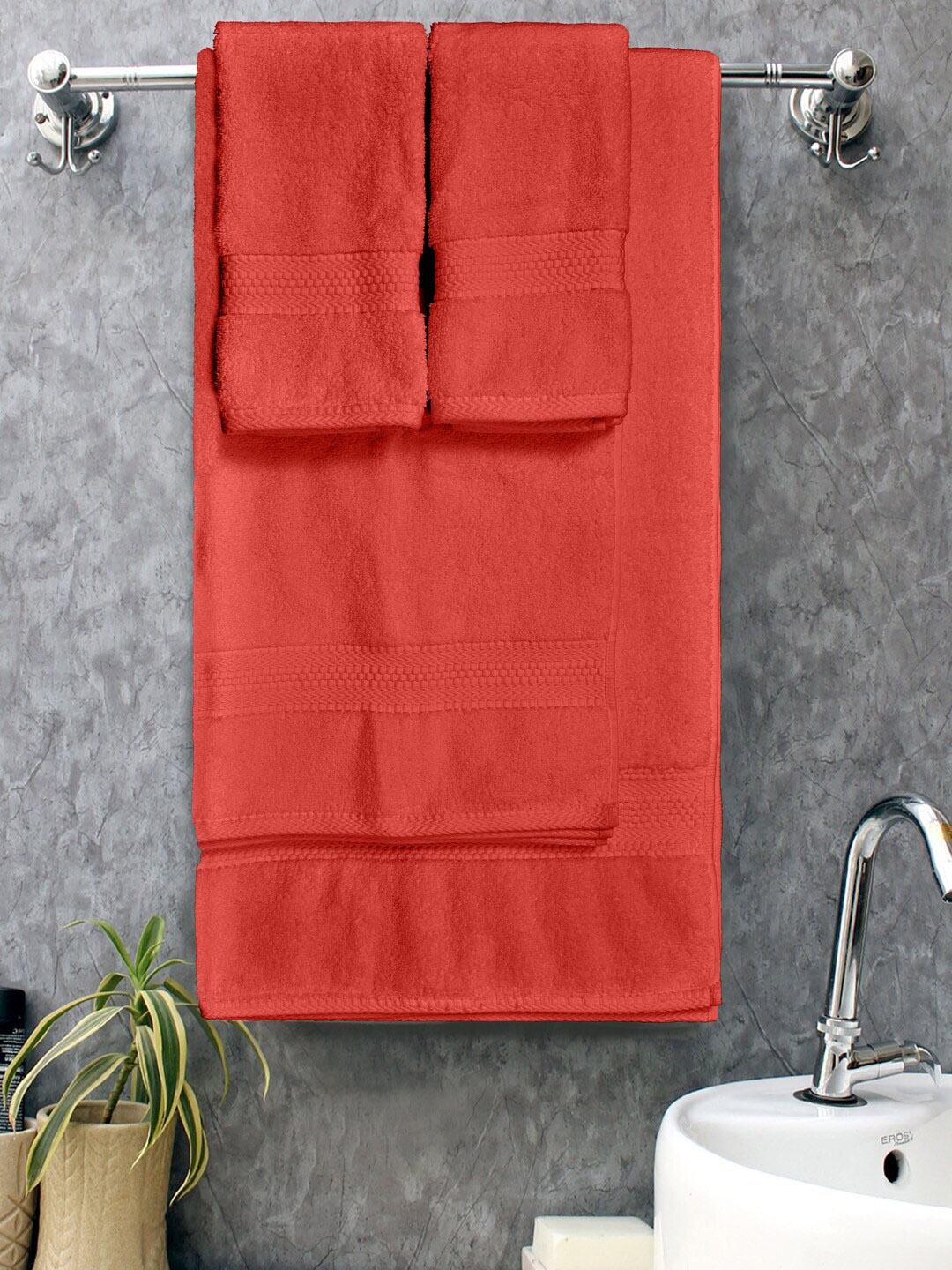 

BOMBAY DYEING Set Of 4 Cotton 600 GSM Soft & Durable Towel Set, Coral