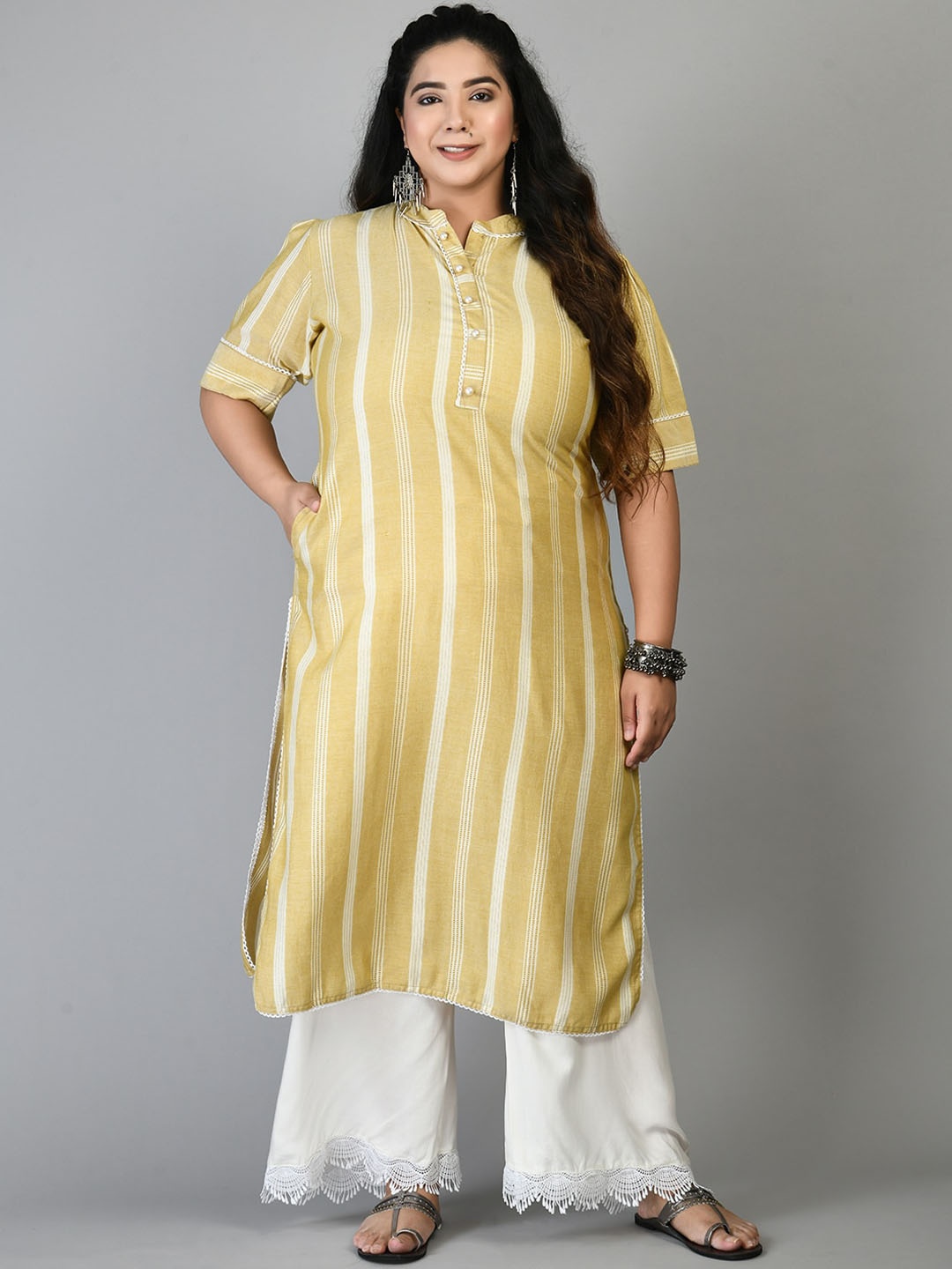 

PrettyPlus by Desinoor com Plus Size Striped Band Collar Kurta, Yellow