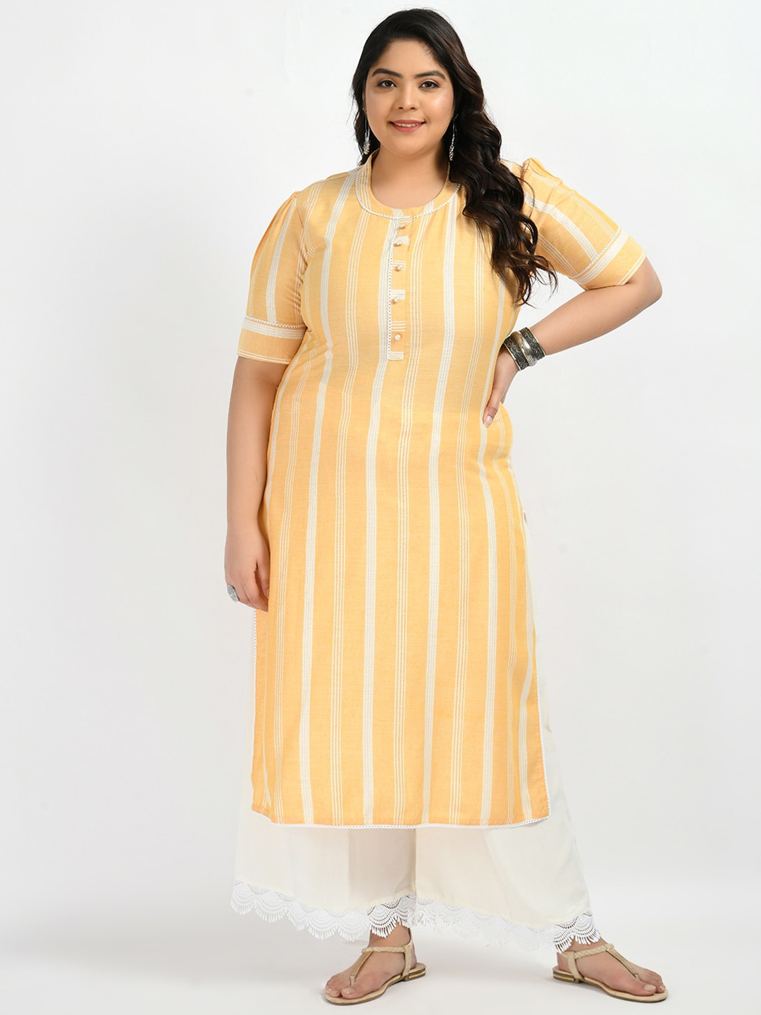 

PrettyPlus by Desinoor.com Plus Size Striped Straight Kurta, Yellow