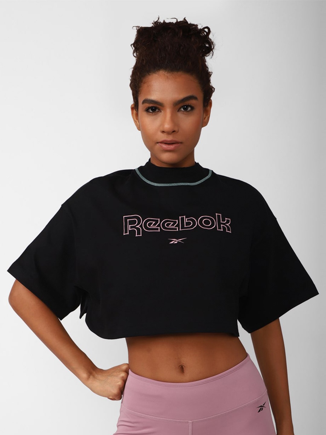 

Reebok Women Pure Cotton Typography Drop-Shoulder Sleeves Oversized T-shirt, Black