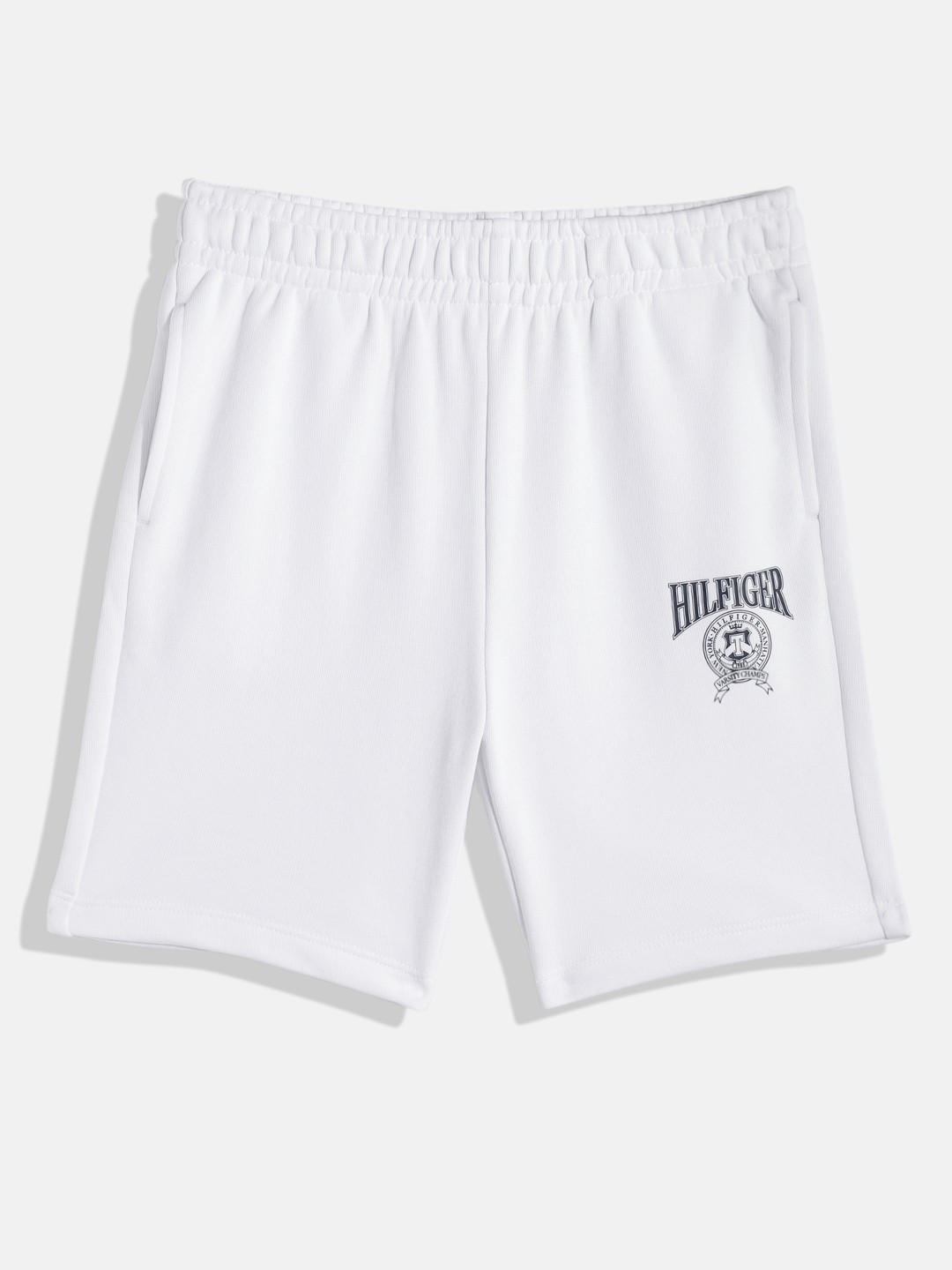 

Tommy Hilfiger Boys Brand Logo Print Regular Fit Mid-Rise Knitted Sweat Shorts, White